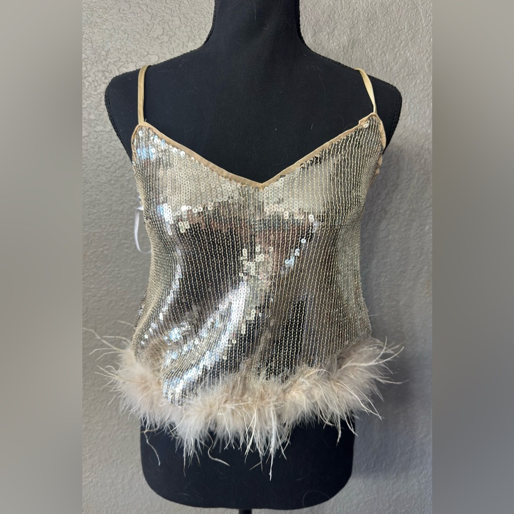 Lulus Women’s Sz M Sequins Feather Trim Camisole Tank Top Shirt - Picture 7 of 7